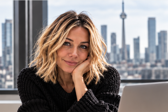 Tara O’Doherty in her office, with the Toronto skyline behind her